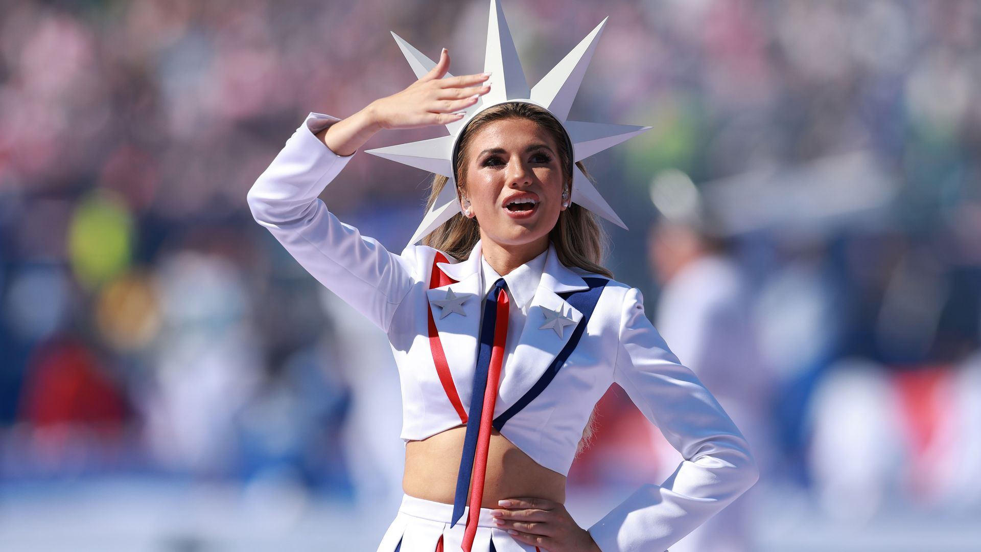 Miss Teen USA runner-up Stephanie Skinner, in a Lady Liberty costume, performing at Sunday's World Cup match between France and Paraguay.