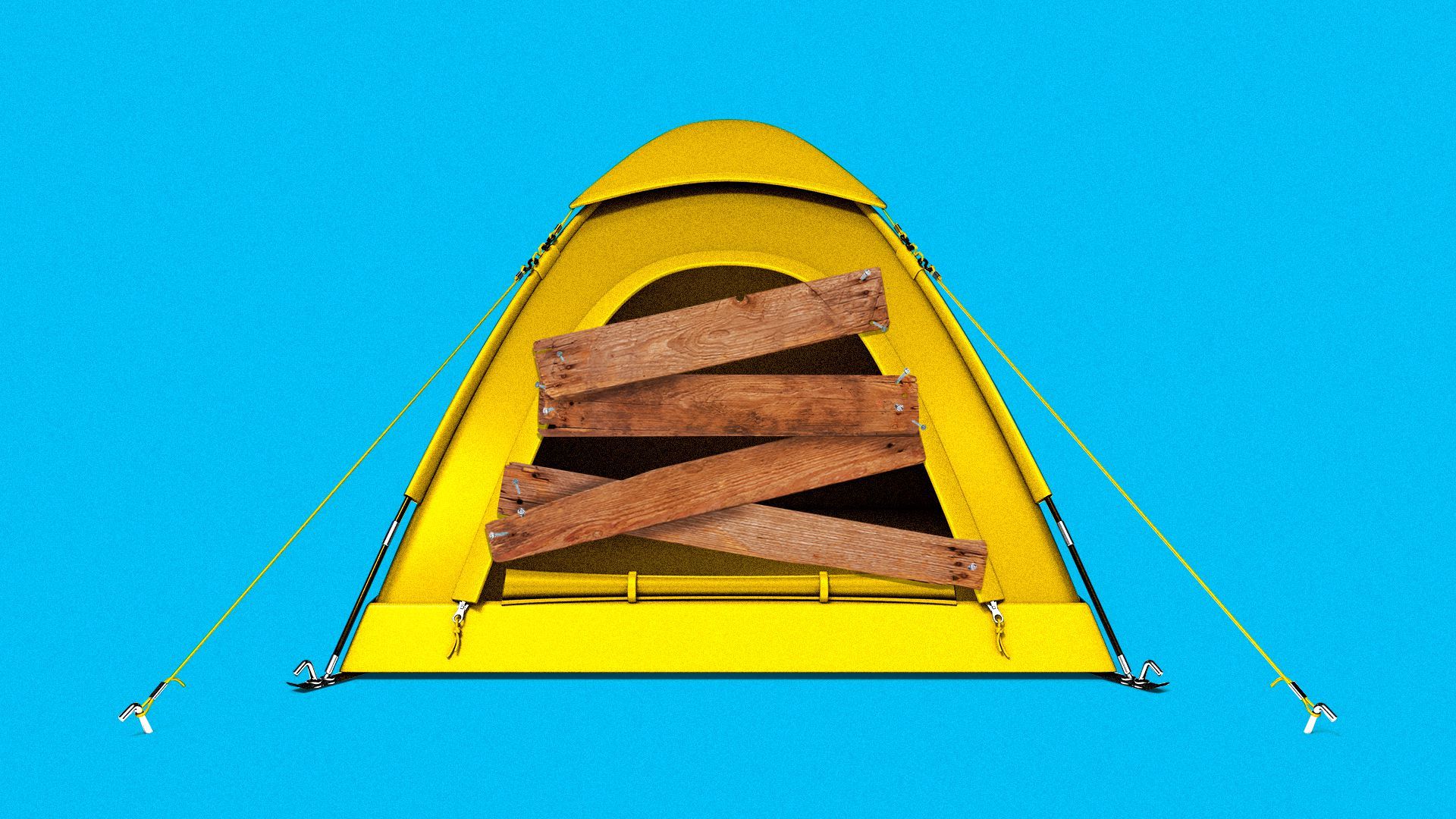 Illustration of a tent with planks of wood hammered across the opening as if it's boarded up