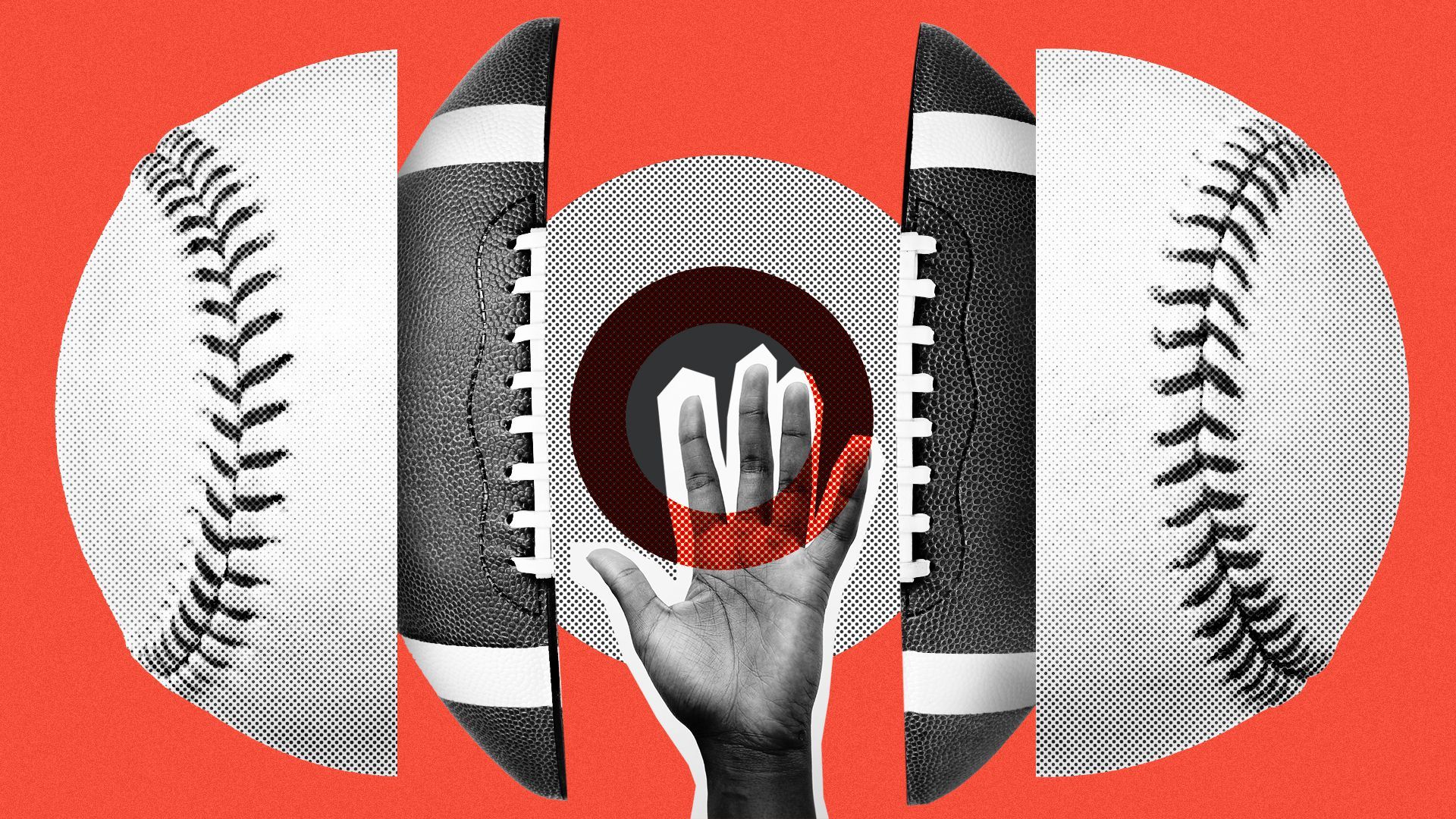 Illustrated collage of a hand inside of a football and baseball.