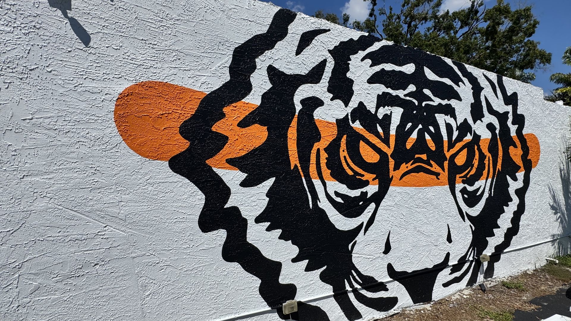 Black and white tiger face mural with an orange horizontal oval behind the eyes on a white textured wall under a blue sky with trees nearby.