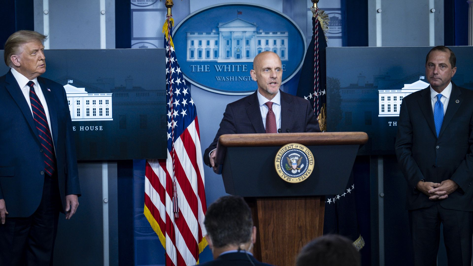 A photo of President Trump, FDA Commissioner Stephen Hahn and HHS Sec. Alex Azar