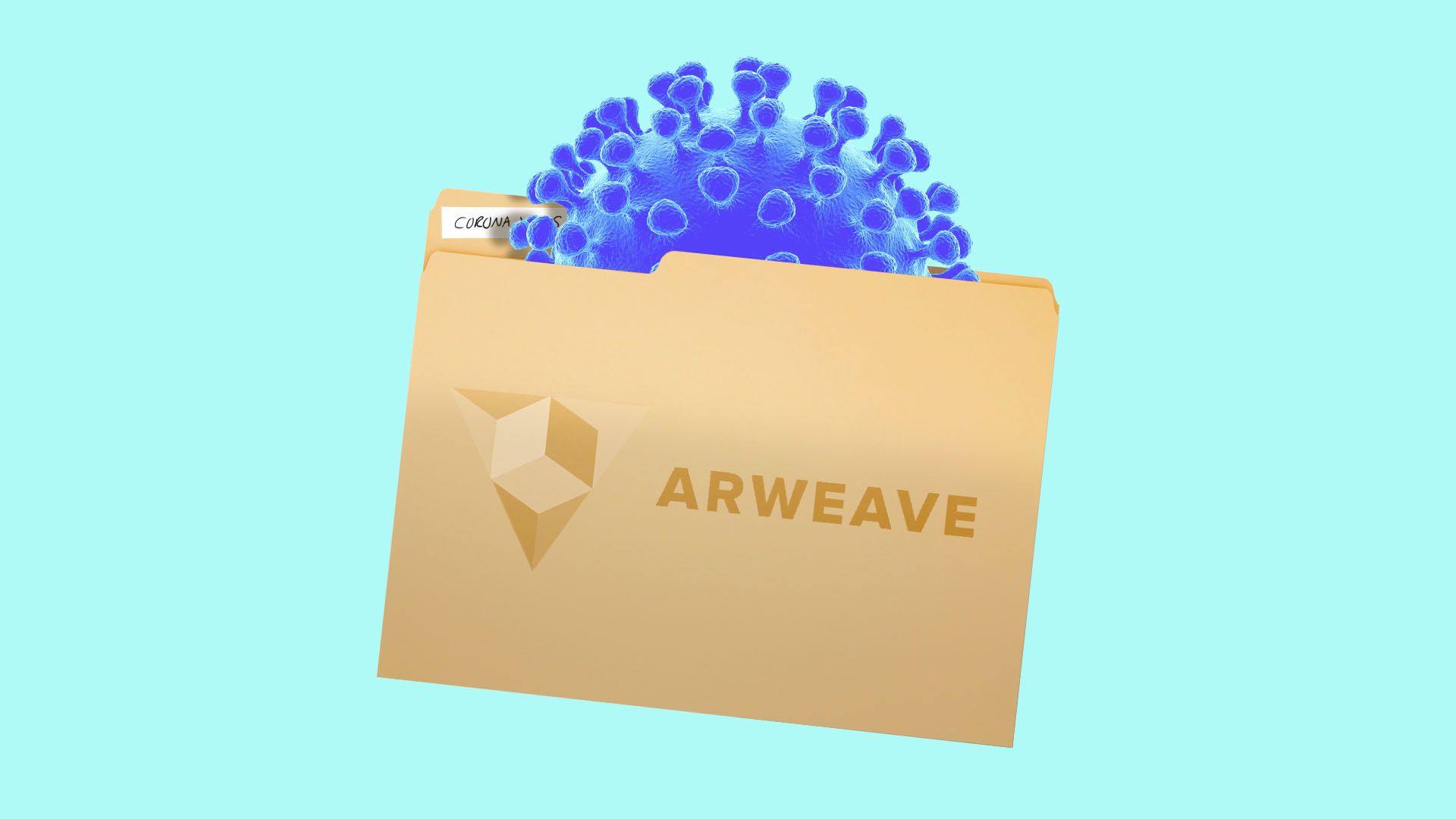 Illustration of virus within a folder labeled "Arweave."