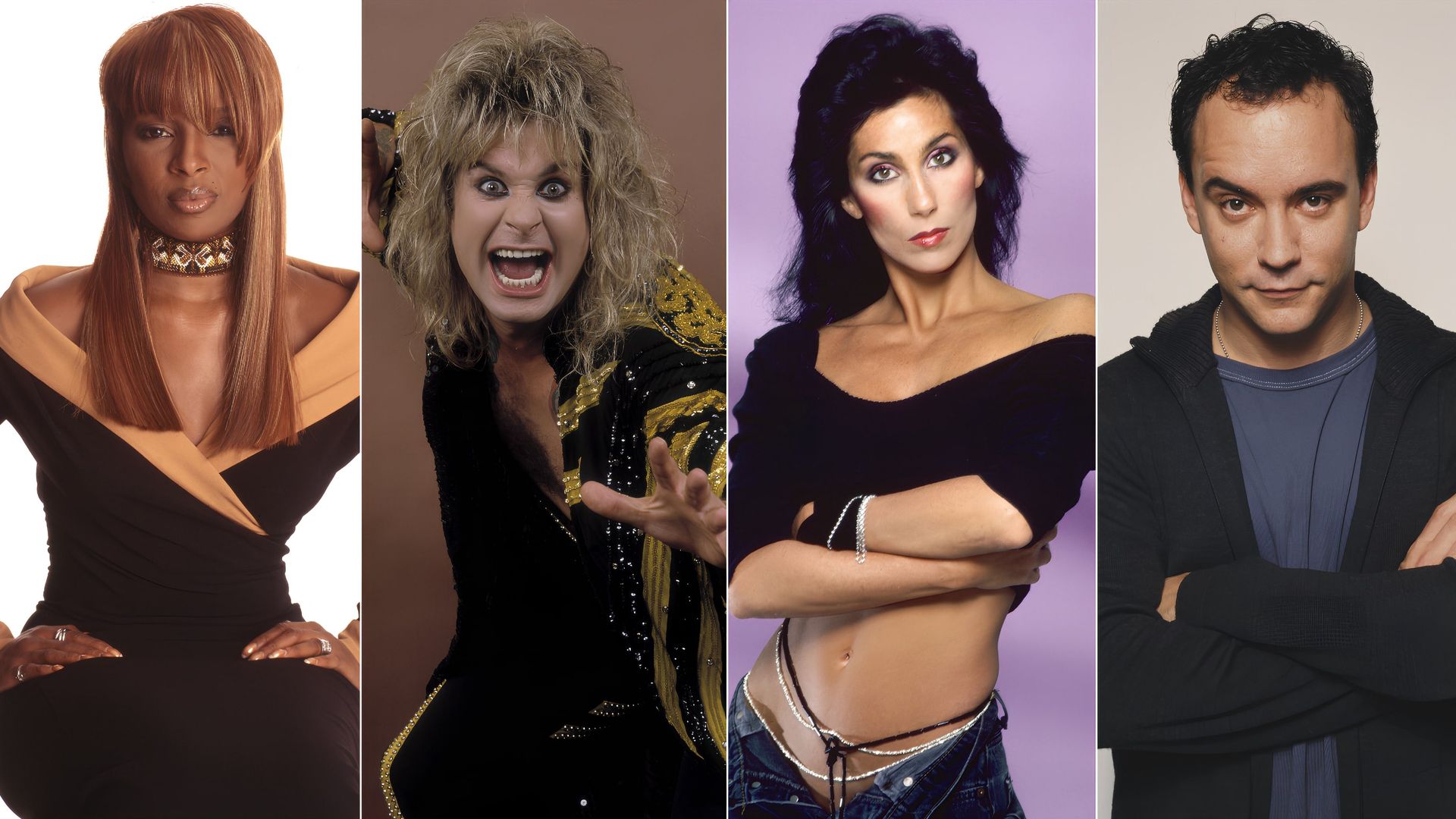 Collage featuring Mary J. Blige, Ozzy Osbourne, Cher and Dave Matthews.