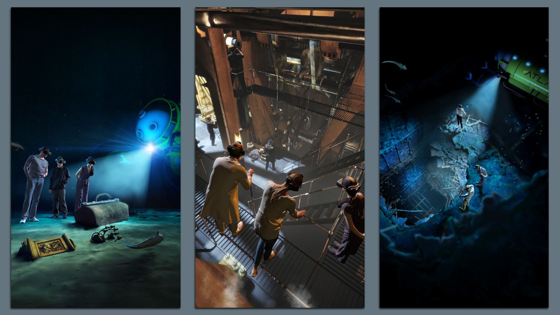 Triptych: left—three people in VR headsets on a dark ocean floor with a glowing blue beam and relics; center—industrial catwalks and machinery; right—divers in a deep cavern lit by a blue beam from a green submarine.