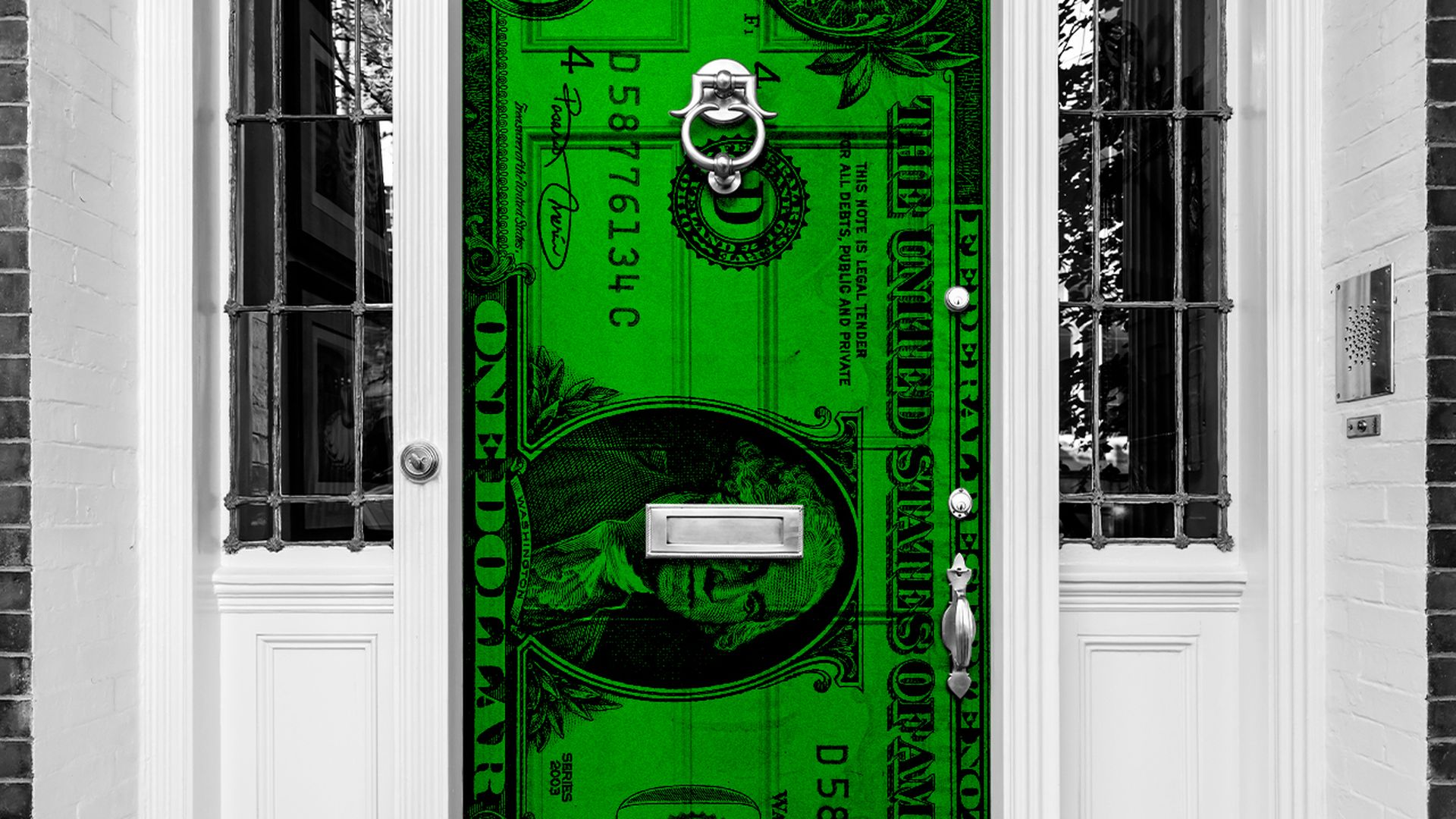 Illustration of a front door with a dollar texture