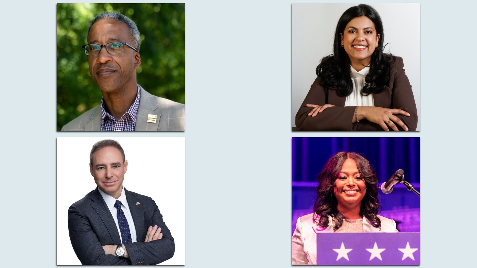 Four portraits in a 2x2 grid: top left gray-suit man with glasses outdoors; top right smiling woman in a brown blazer; bottom left man in a dark suit; bottom right woman at a podium with purple lighting.