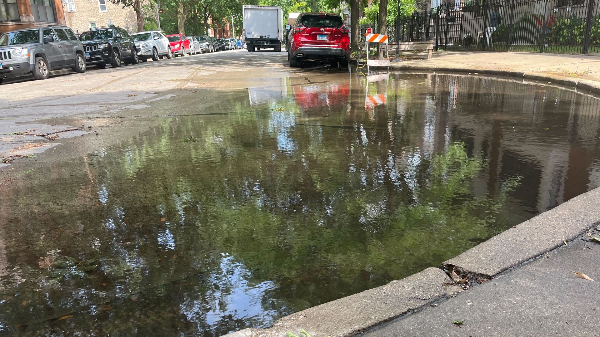 Standing water in a cul de sac.