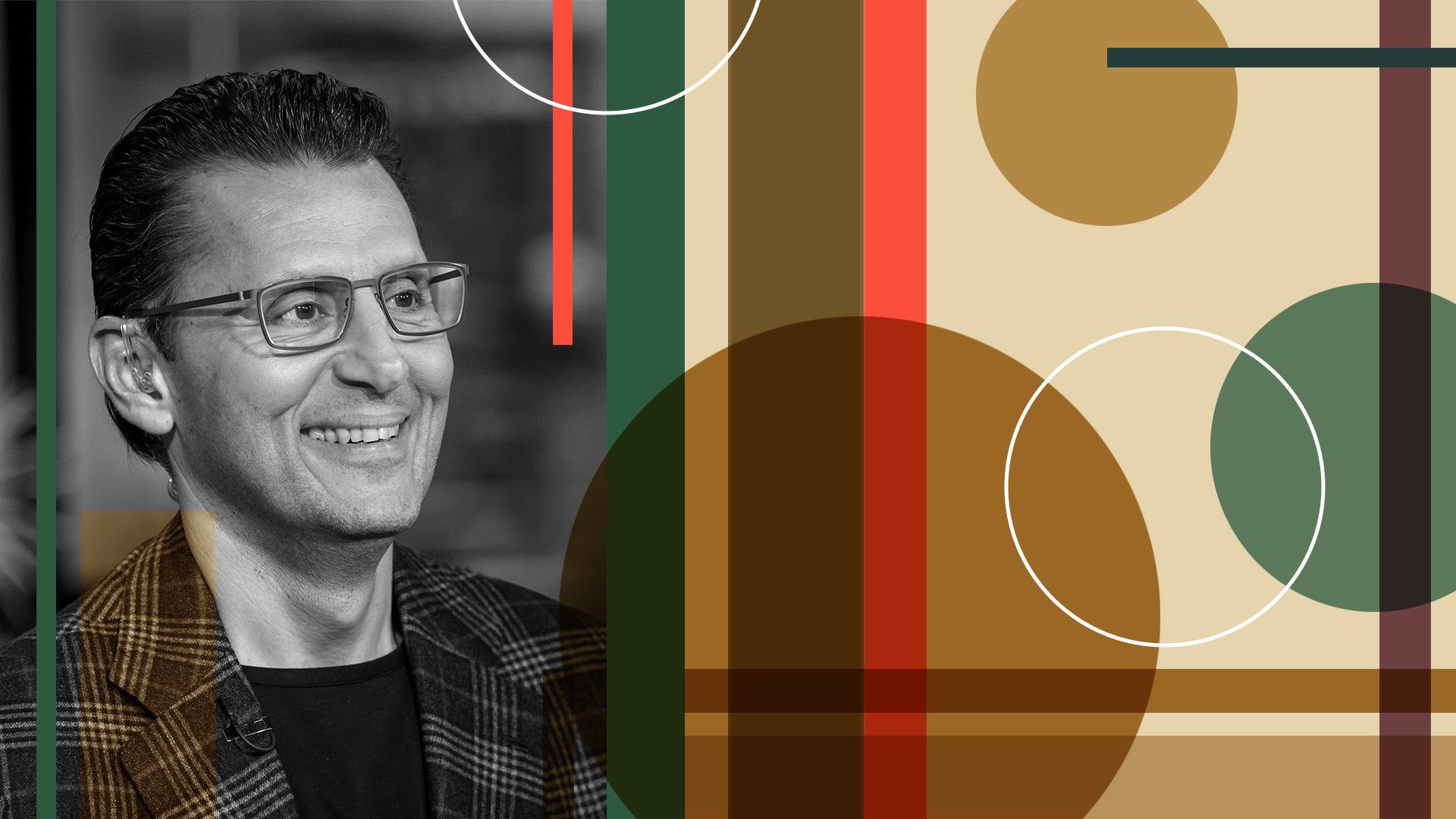 Photo illustration of Intuit's CEO, Sasan Goodarzi, with abstract shapes.