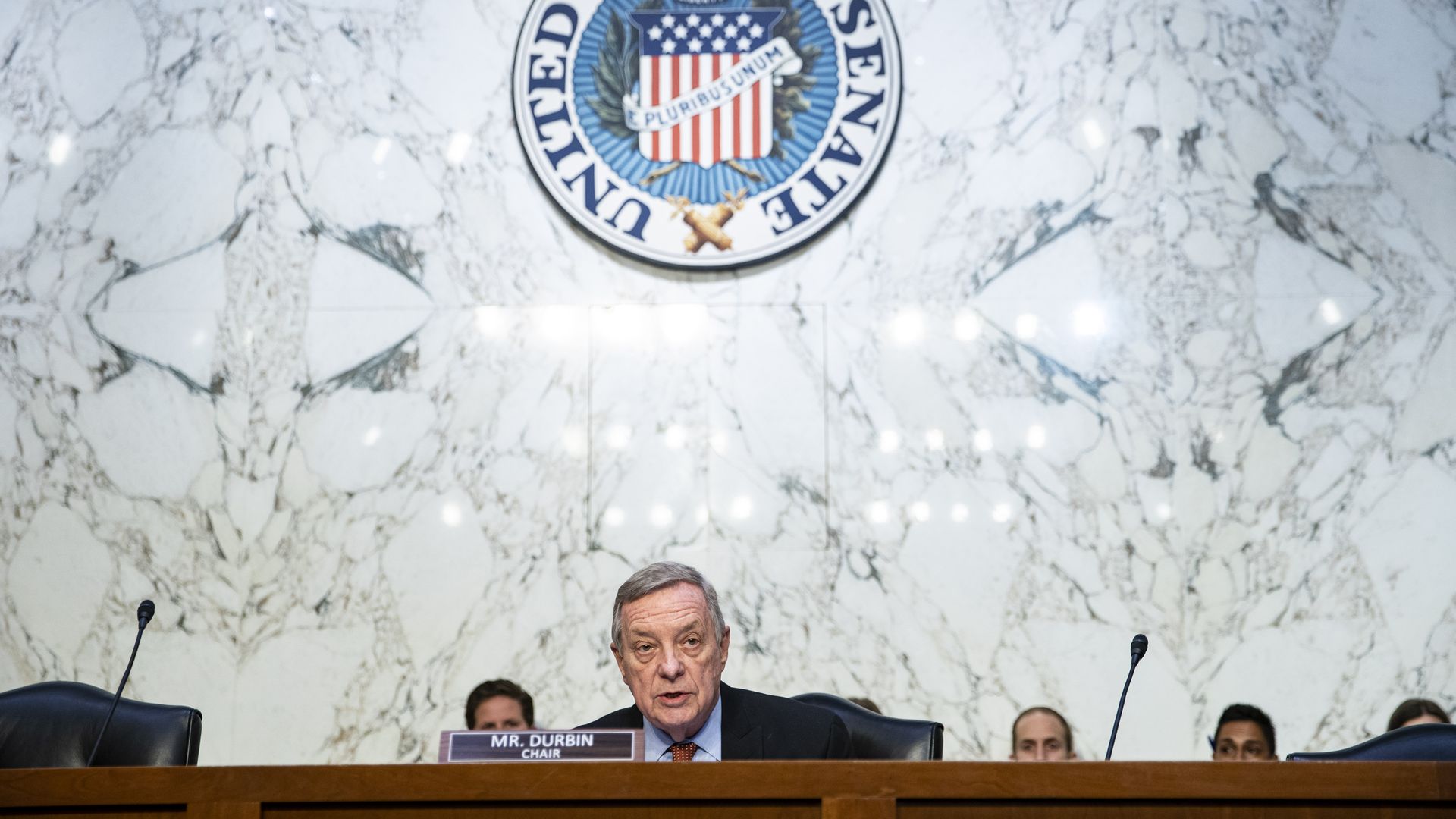 Senator Dick Durbin, a Democrat from Illinois and chairman of the Senate Judiciary Committee, speaks during a hearing in Washington, DC, US, on Wednesday, April 19, 2023