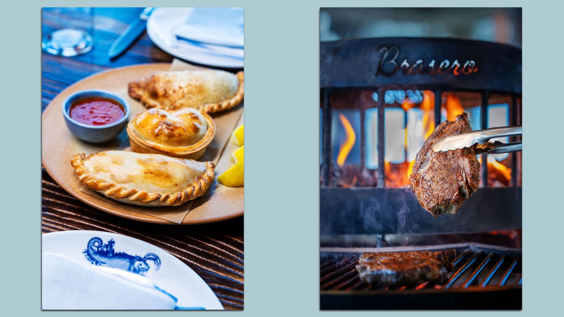 Two images: left shows a plate with three baked empanadas and a bowl of red sauce on a wooden table; right shows grilled steak held by tongs over a flame with "Brasero" written above.