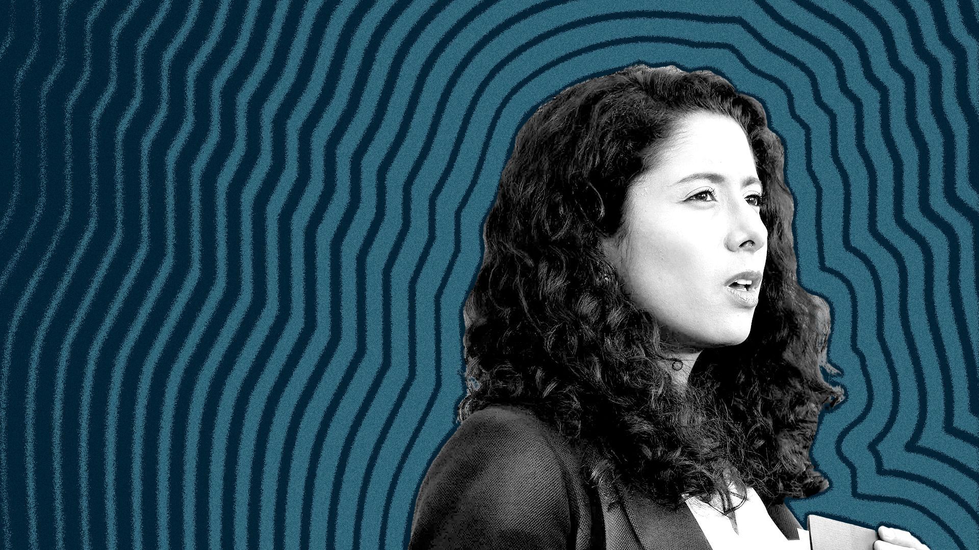 Photo illustration of Judge Lina Hidalgo with lines radiating from her.