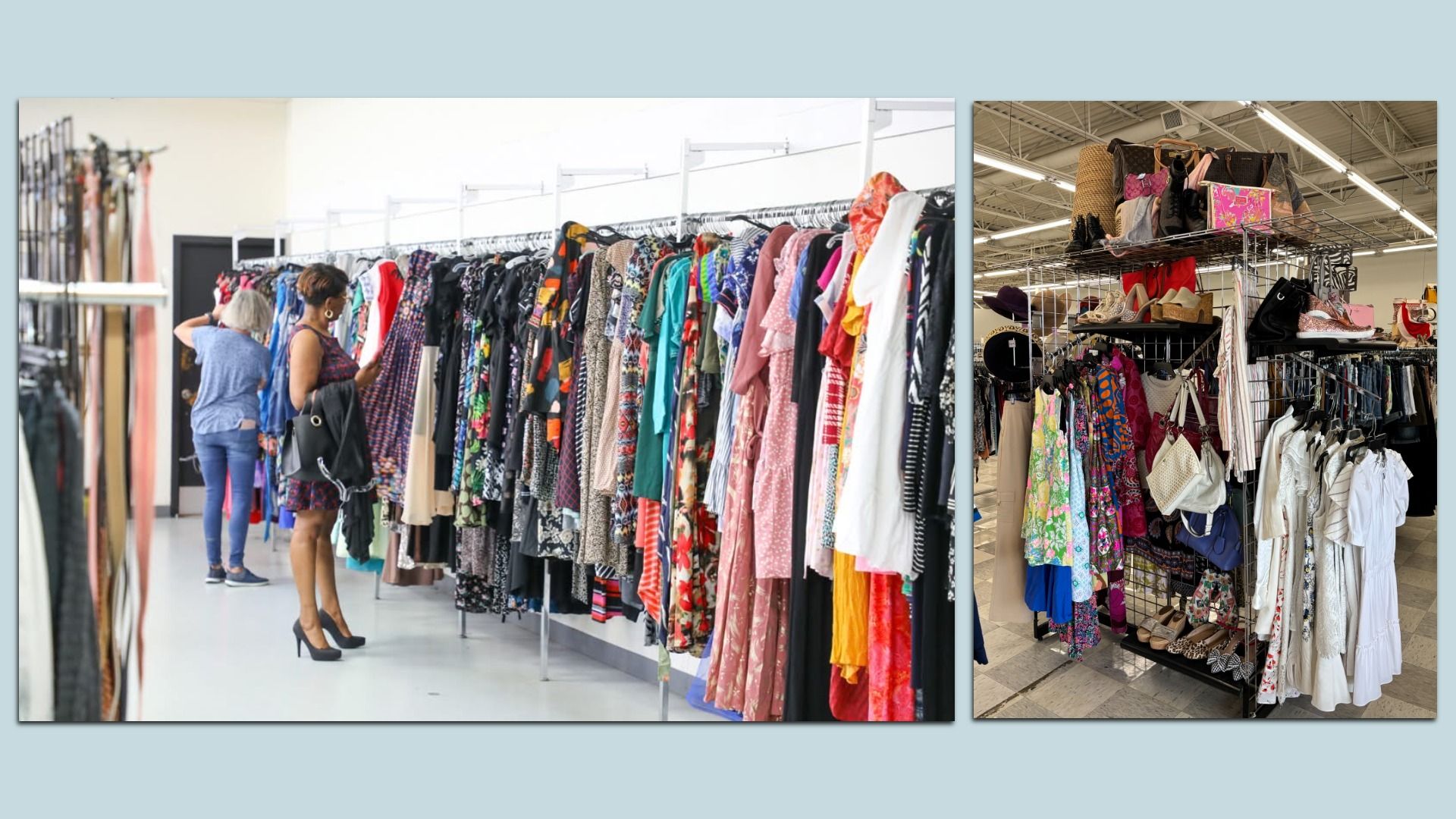 Two women browsing colorful dresses on racks in a bright clothing store. Another rack shows various bags, shoes, and more dresses under fluorescent lighting.