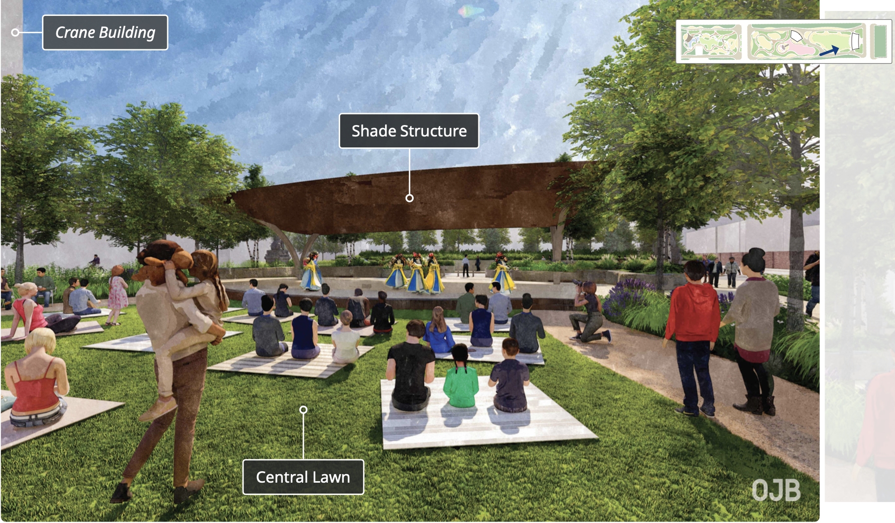Chinatown Stitch rendering: People sit on mats on a green central lawn watching dancers in yellow and blue dresses perform under a brown shade structure.