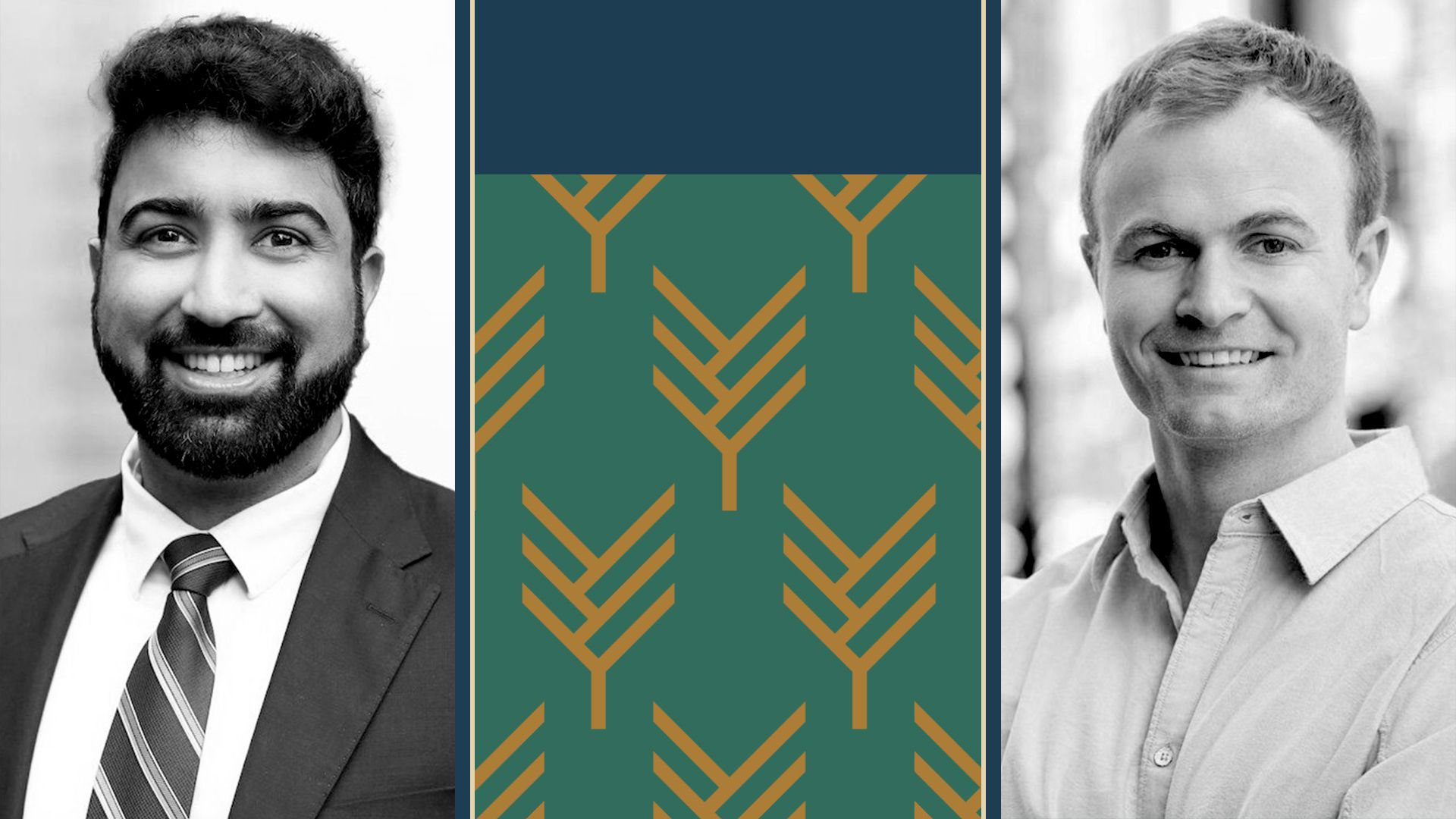 Photo illustration of Neil Kamath and Hayden Lekacz, with colorful rectangles and a pattern of Vanara Capital logos between them.
