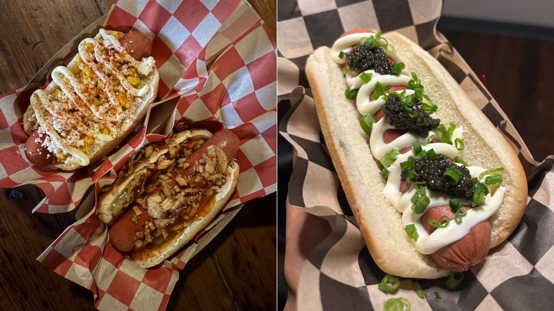Split image showing two hot dogs. Left: bun with sausage, mayo drizzle, corn, and crispy crumbs. Right: bun with white cream, black caviar, and chopped green onions.