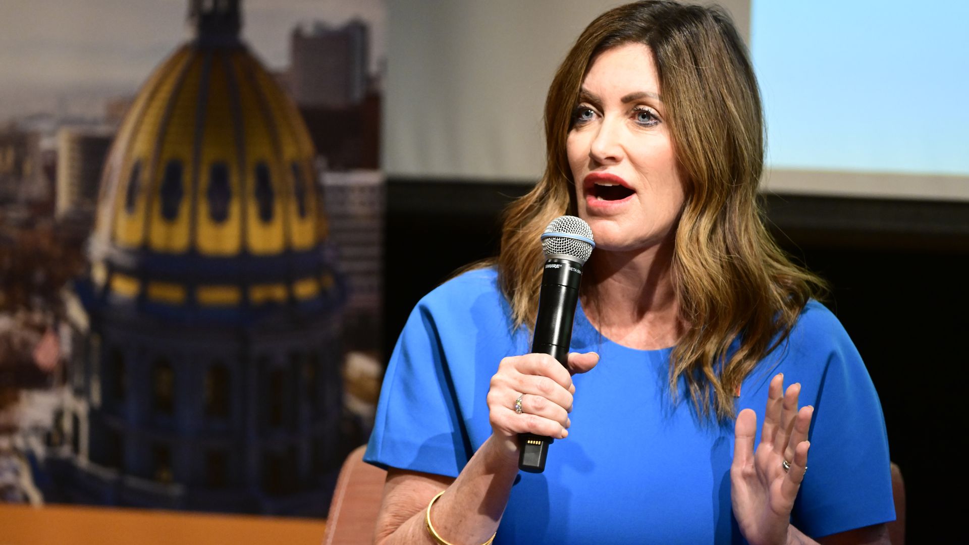  Heidi Ganahl speaks at a forum hosted by Colorado Concern on Friday at the Denver Museum of Nature and Science. Photo: Andy Cross/Denver Post via Getty Images