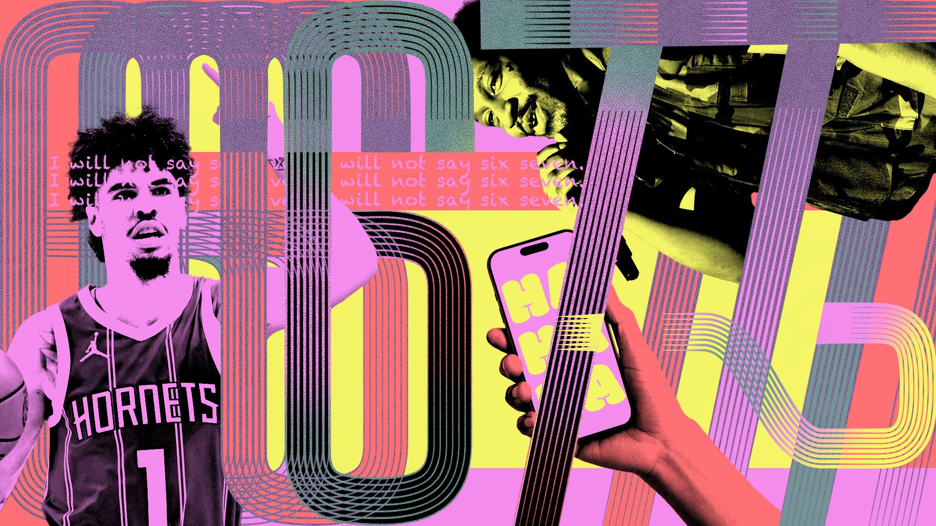 Photo illustration of LaMelo Ball of the Charlotte Hornets, Skrilla, and a hand holding up a cellphone that reads "ha ha ha" over a collage of colors and the number 67