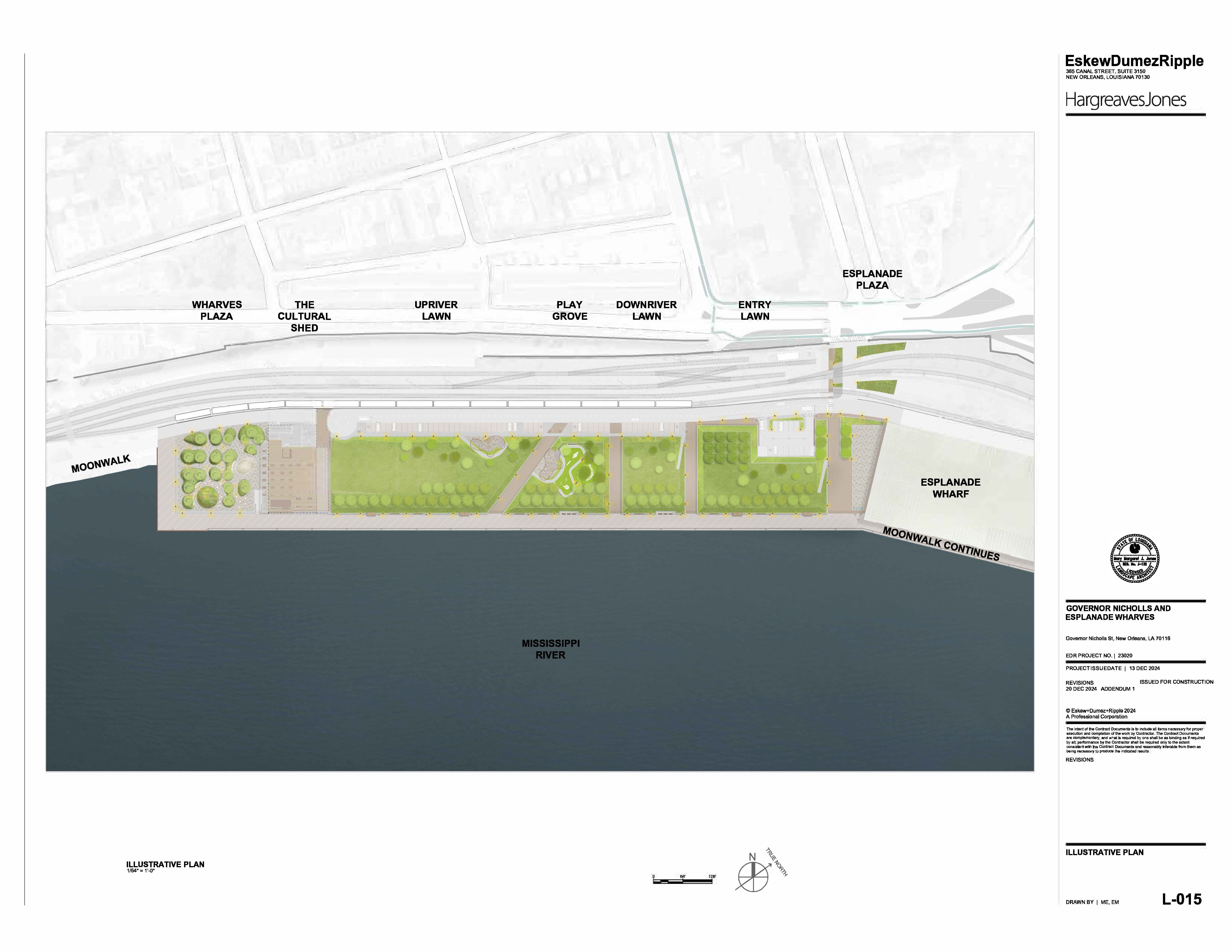 Image shows a rendering of a riverfront park.
