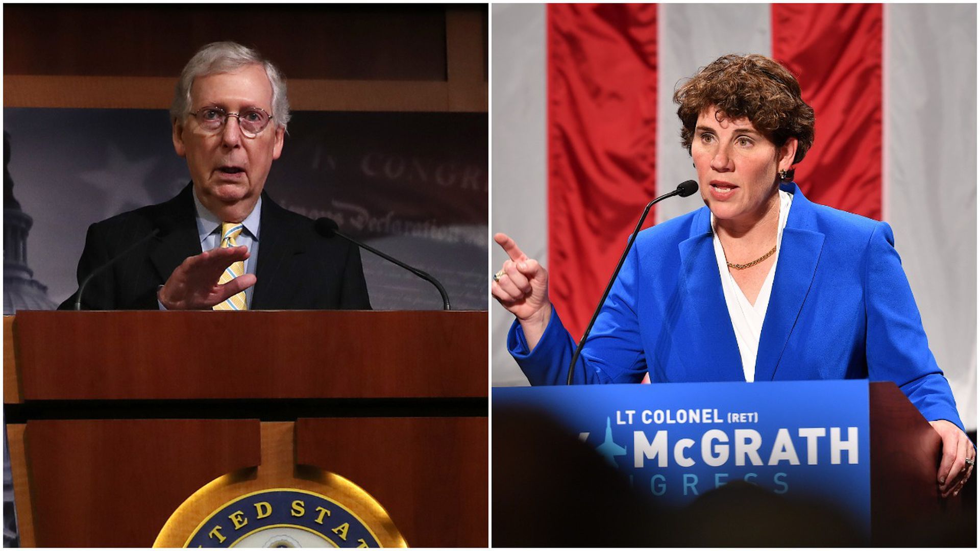 Combination images of Mitch McConnell and Amy McGrath. 