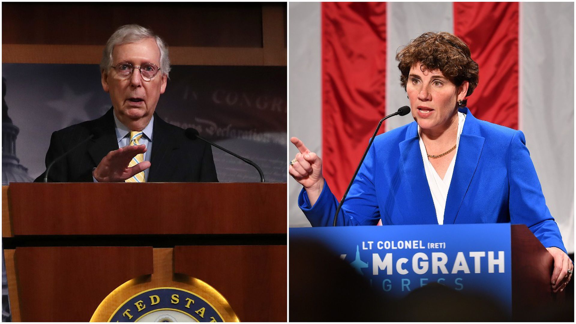 Combination images of Mitch McConnell and Amy McGrath.