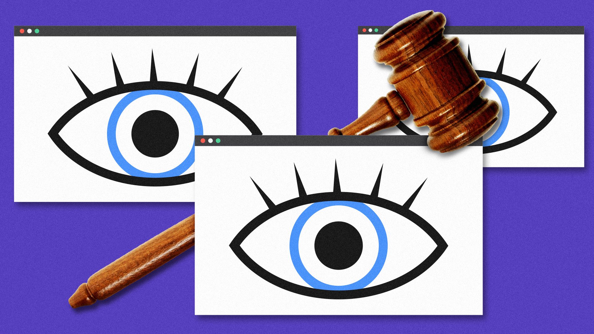 Illustration of eyes inside of computer windows intertwined with a gavel.
