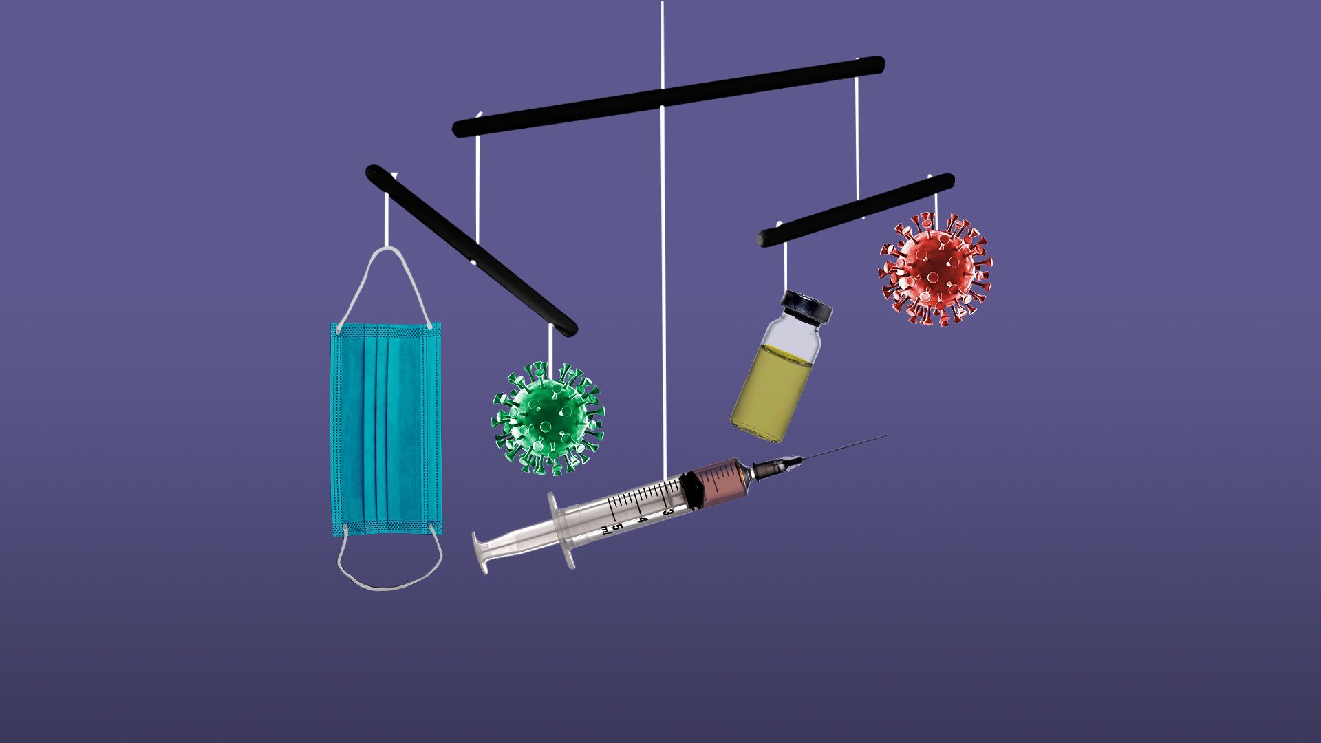 Illustration of a toy baby mobile with coronavirus cells, a syringe, a surgical mask and a vaccine vial all hanging from the strings.  