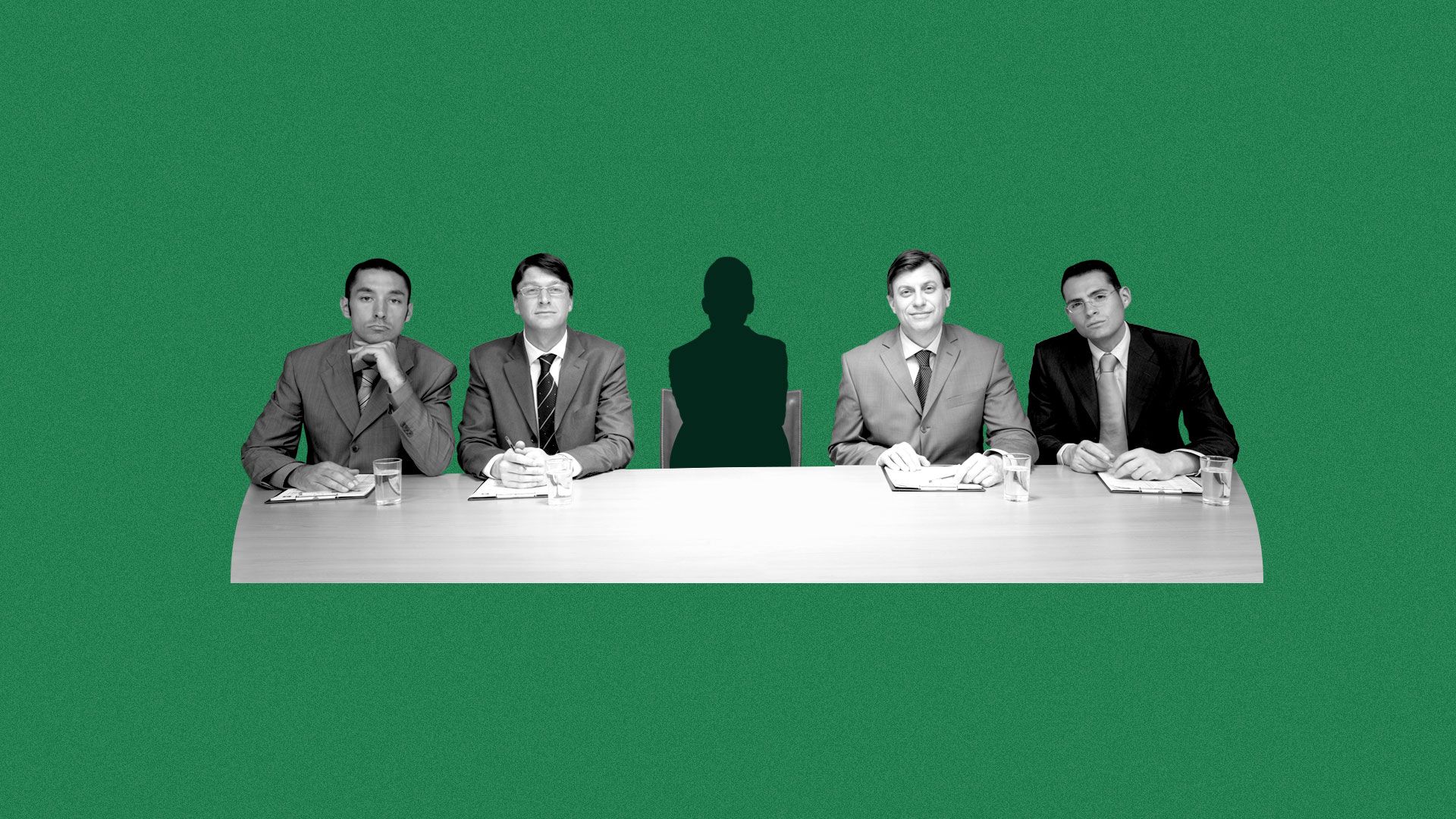 Illustration of conference table with men. In the middle is a silhouette of a woman.
