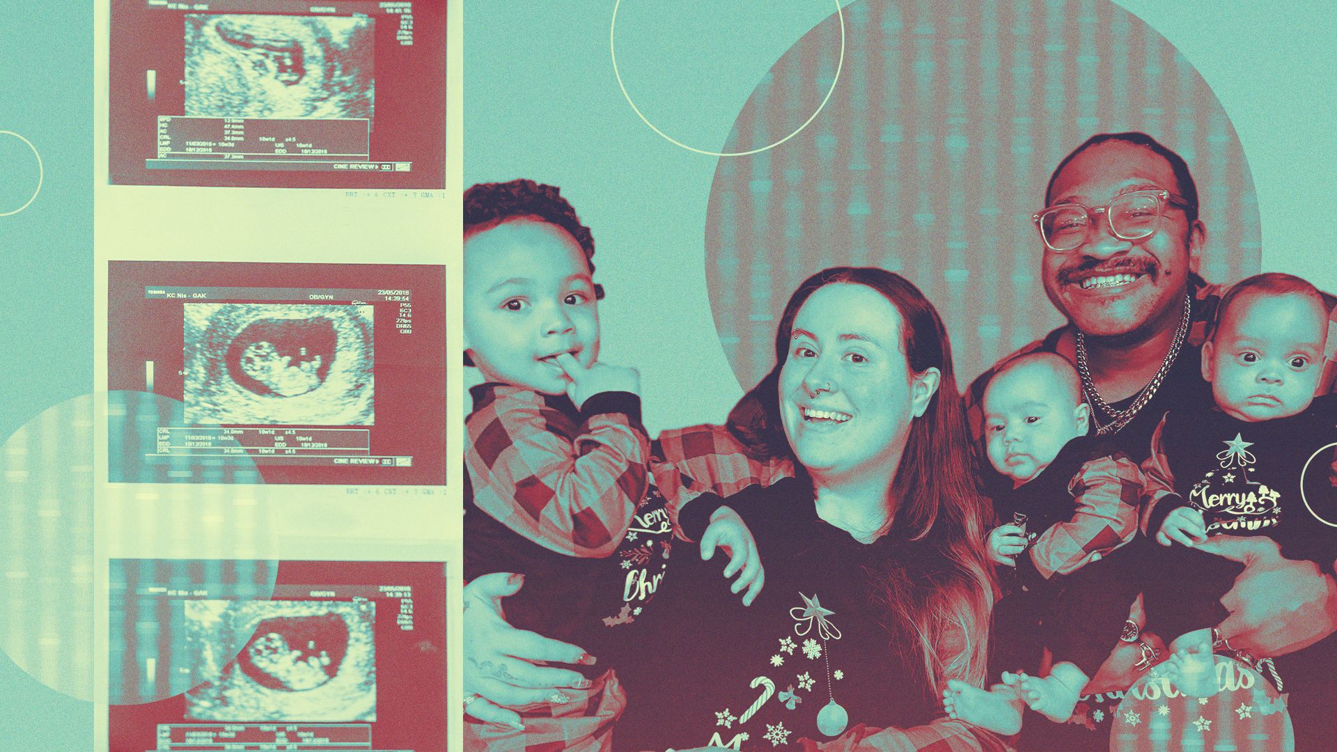 Photo illustration of MaRiahh Hodgkinson and her family, collaged with abstract shapes and photos of an ultrasound.