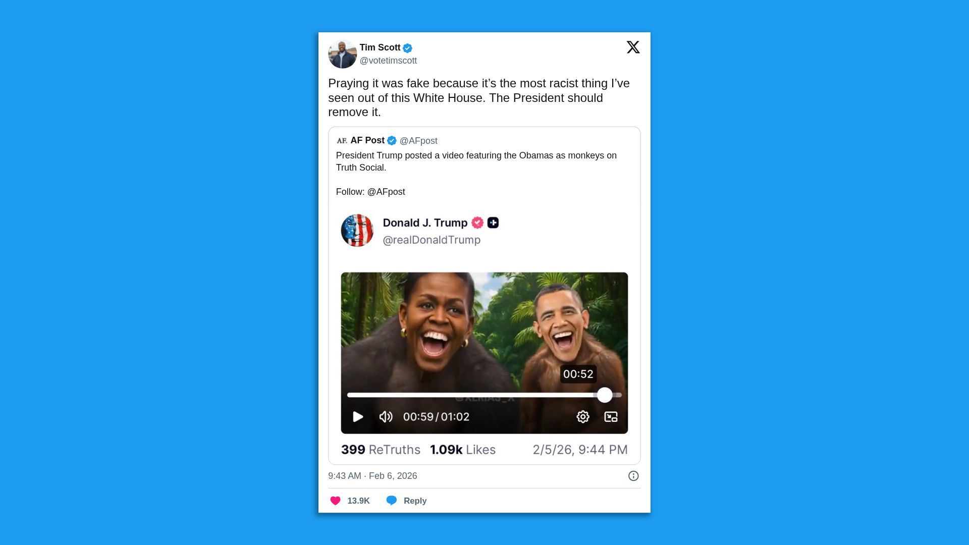 Screenshot of a tweet by Tim Scott expressing concern over a racist video posted by Donald J. Trump on Truth Social showing the Obamas depicted as monkeys in a jungle setting.