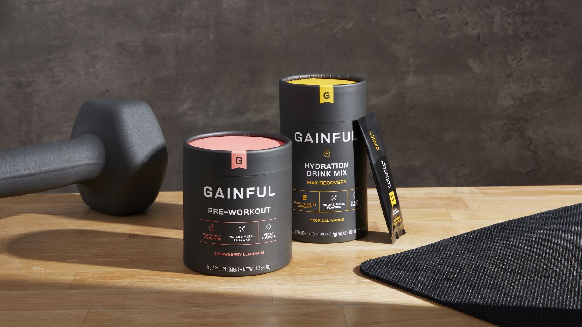 Gainful's pre-workout and hydration supplement products.
