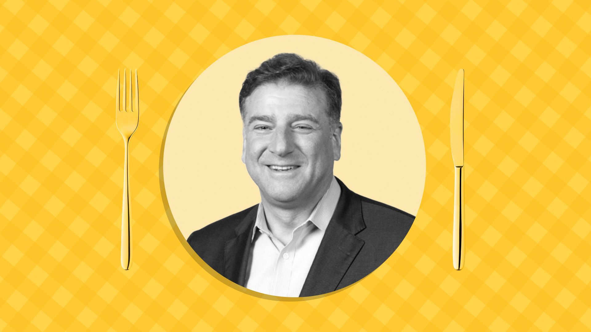 Photo illustration of Noam Cohen in front of a picnic table print background.