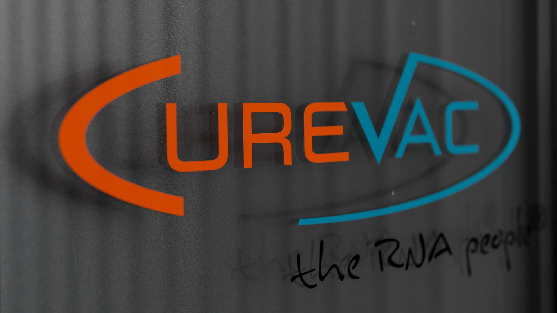 : A label of the German biotech firm CureVac seen next to their headquarters on March 15, 2020 in Tubingen, Germany. 