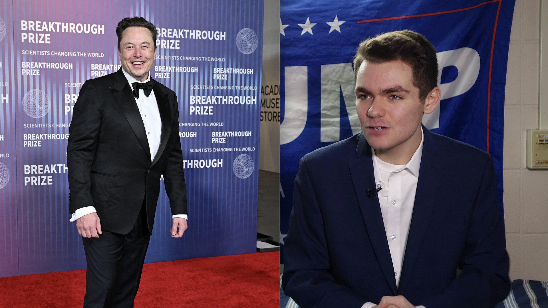 Elon Musk attends the 10th Annual Breakthrough Prize Ceremony at Academy Museum of Motion Pictures on April 13, 2024 in Los Angeles; Nick Fuentes answers question during an interview with Agence France-Presse in Boston.