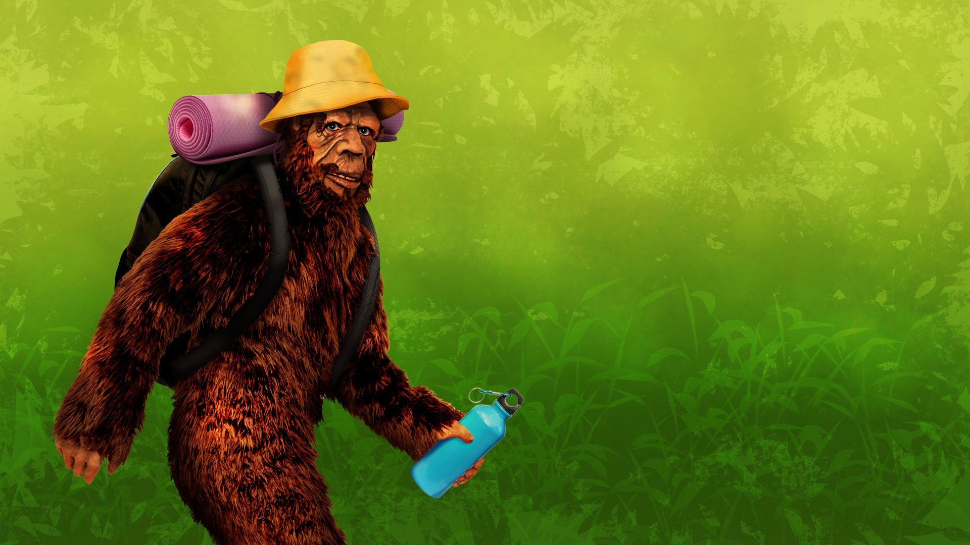 Illustration of a Sasquatch wearing a backpack, a bucket hat, an exercise mat,  and holding a water bottle