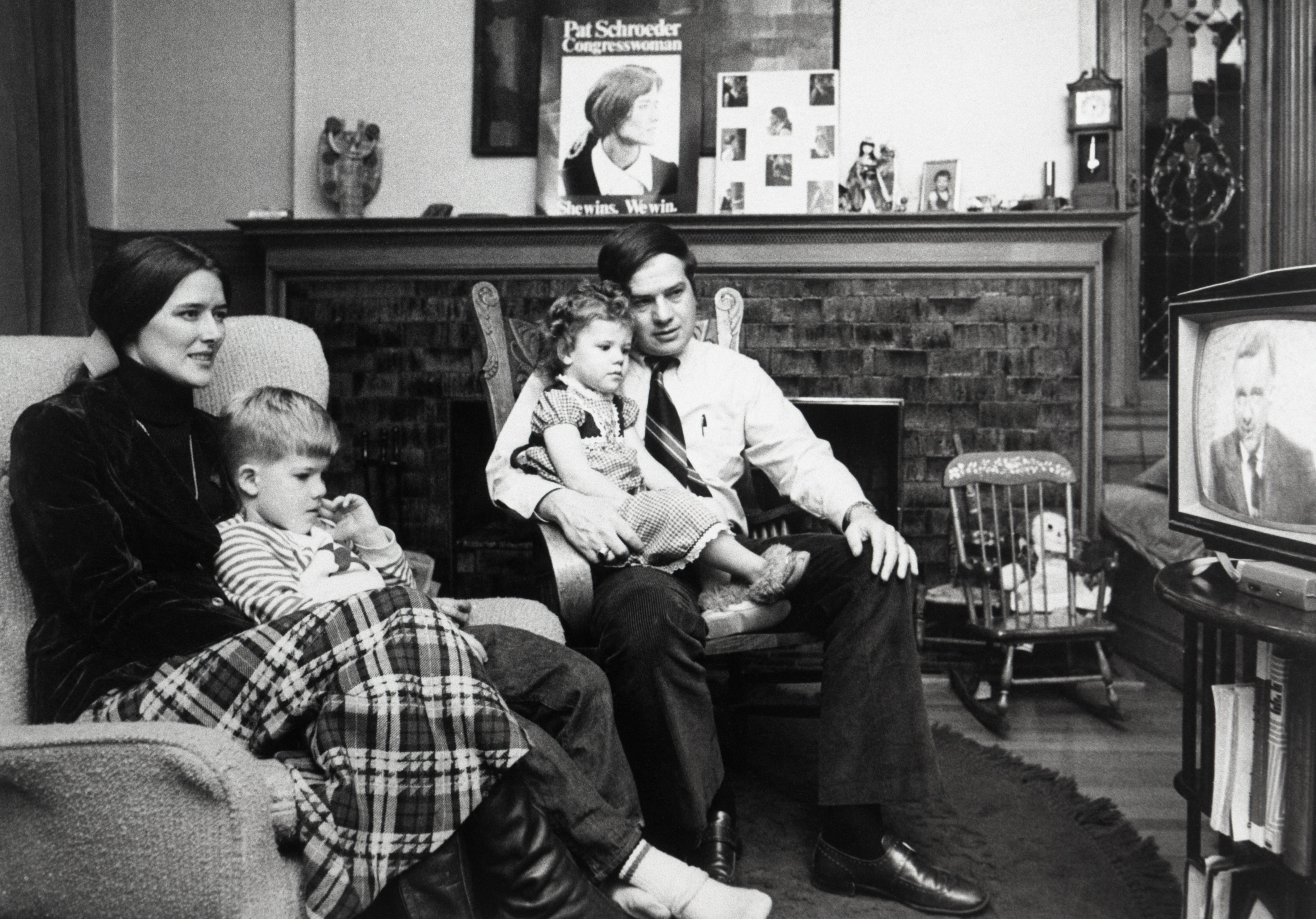 Lady Democrat, Pat Schroeder enjoys election results with her family early 11/8. Mrs. Schroeder upset Republican Mike McKevitt to win a seat in the US Congress. Mrs. Schroeder is the first woman from Colorado in the House. Pictured with Pat are; husband James W. and children Scott, 6, (right) and Jamie, 2.