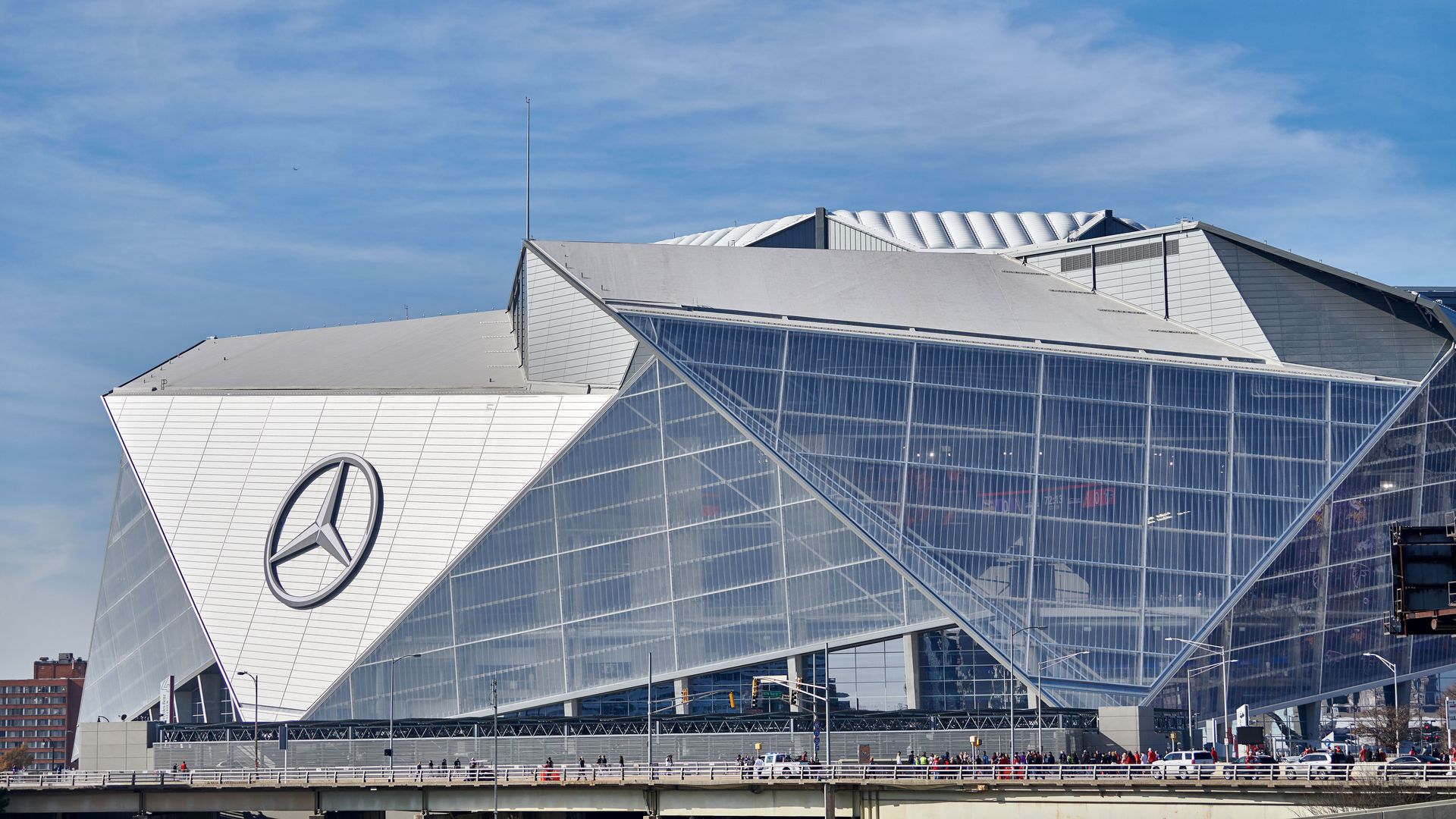 A general view of the exterior of the Mercedes-Benz Stadium is seen on the exterior of the Mercedes-Benz Stadium