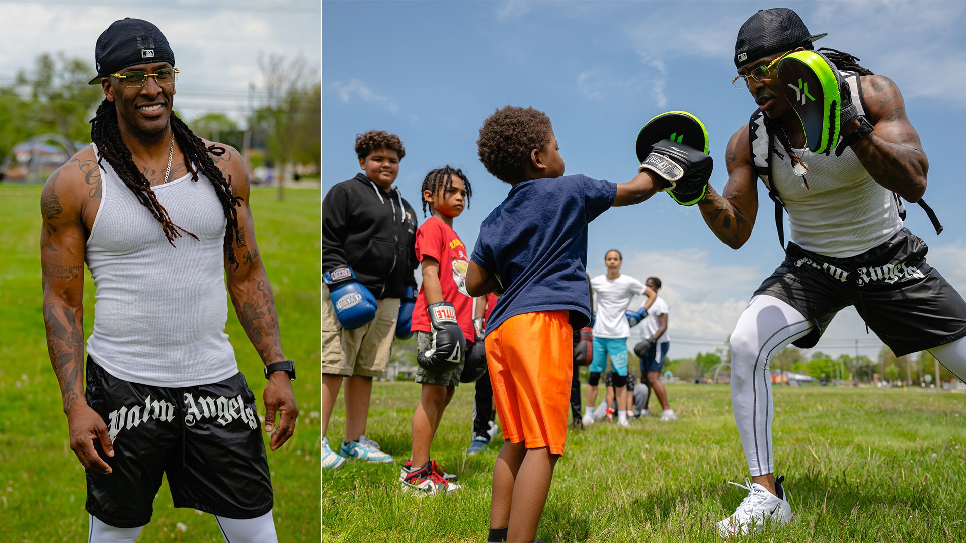 Two photos of a man in a white tank top and hat, one with him holding boxing gloves for a child.