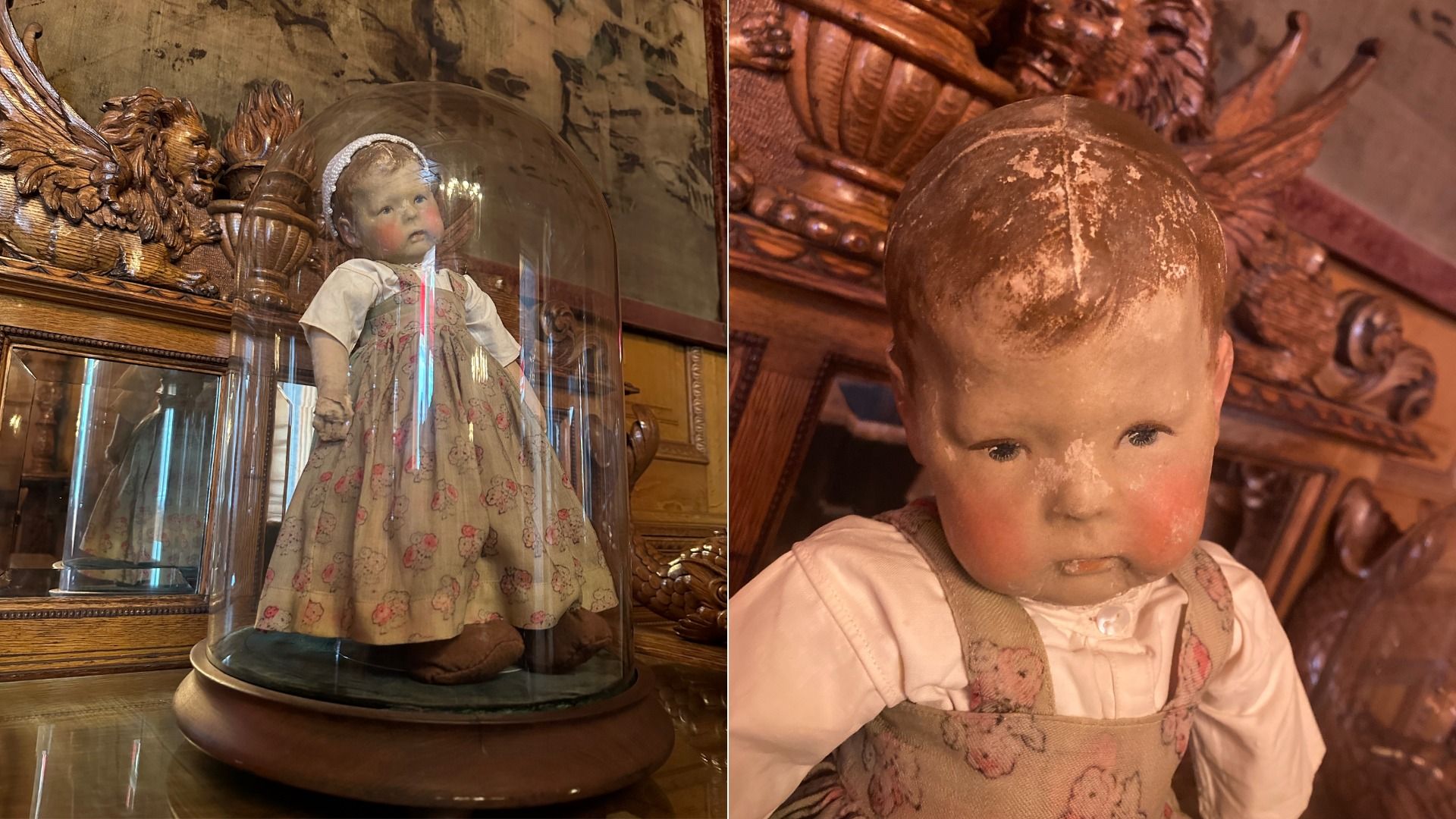 Two-panel image of an antique porcelain doll in a glass dome on a carved wooden shelf; left shows the full figure, right a close-up of the doll's weathered, rosy-cheeked face.