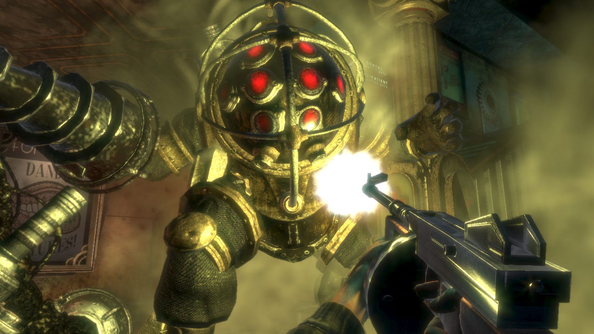 Video game screenshot of a person with a machine gun shooting at a monster that appears to be in an old diving suit