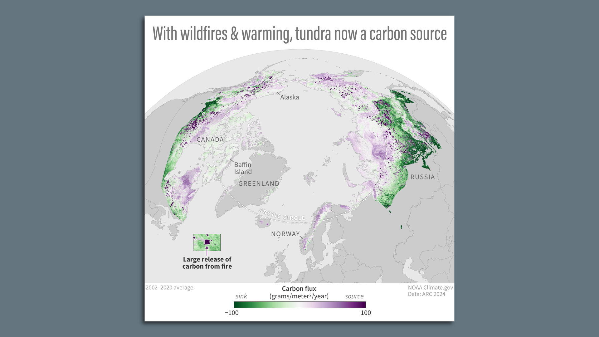 Map of the Arctic showing areas that are emitting more carbon than they are absorbing it.