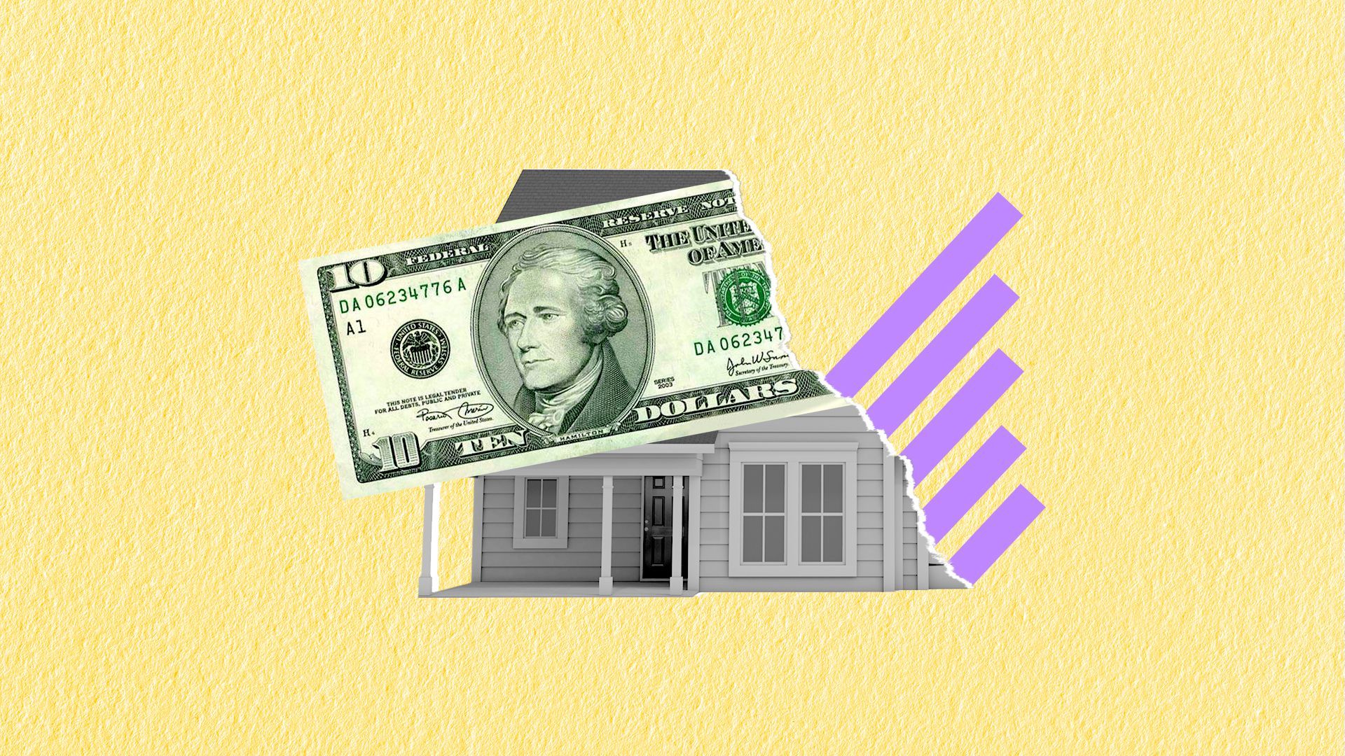 Illustration of a ripped 10 dollar bill on a photo of a home