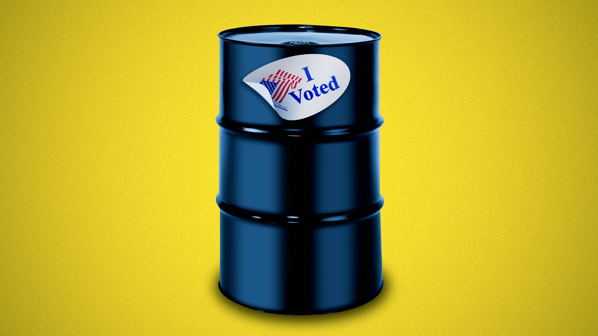 Illustration of an oil barrel with an "I voted" sticker. 