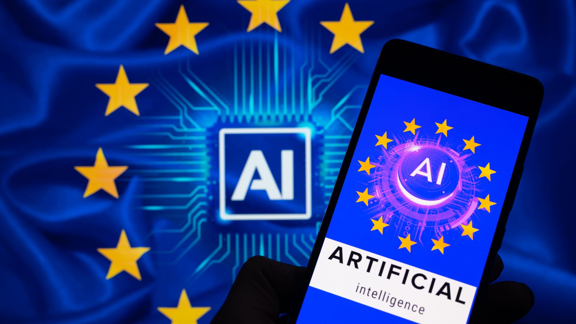 A smartphone in the foreground with AI and EU stars in the background of the image