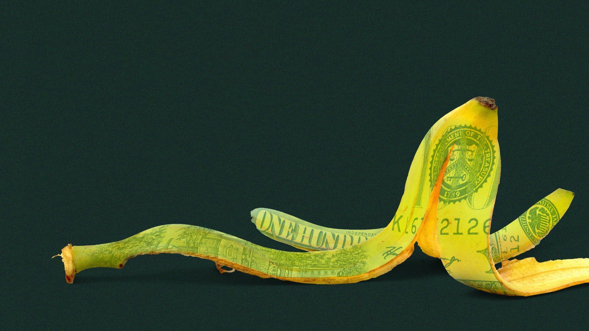 Illustration of an empty banana peel overlaid with a $100 bill.