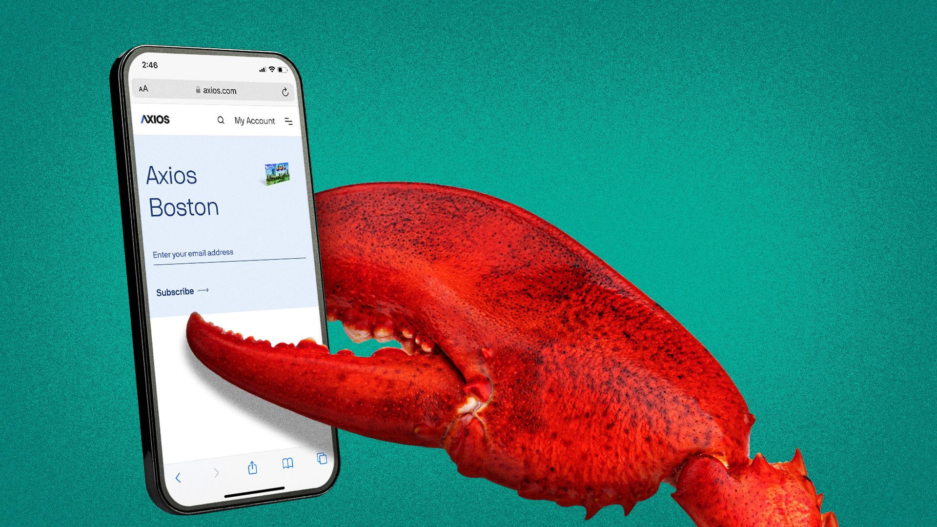 Illustration of a lobster claw holding a phone while reading Axios Boston. 
