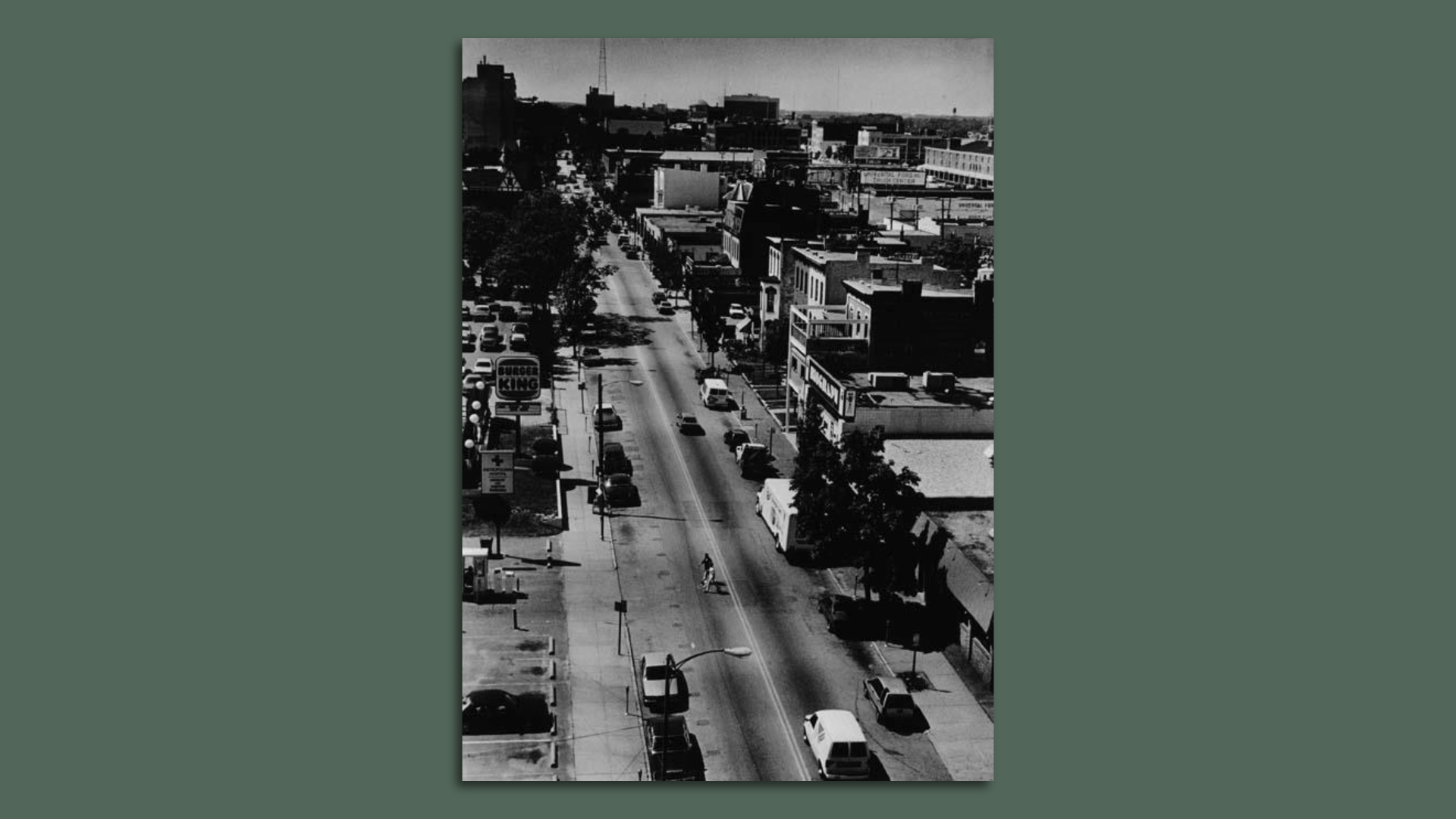 	Black and white aerial photograph of West Grace Street looking west from Laurel Street 