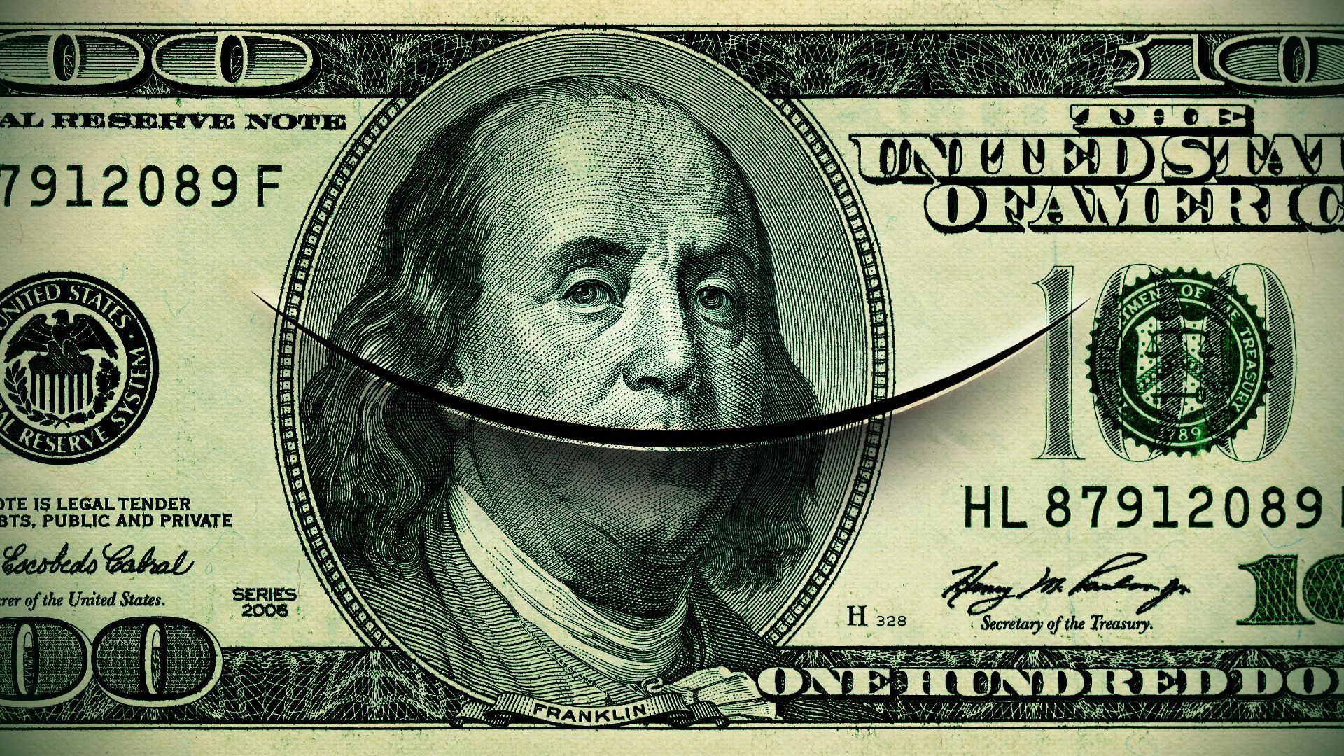 Illustration of a hundred dollar bill with a slice across Benjamin Franklin's face forming a smile. 