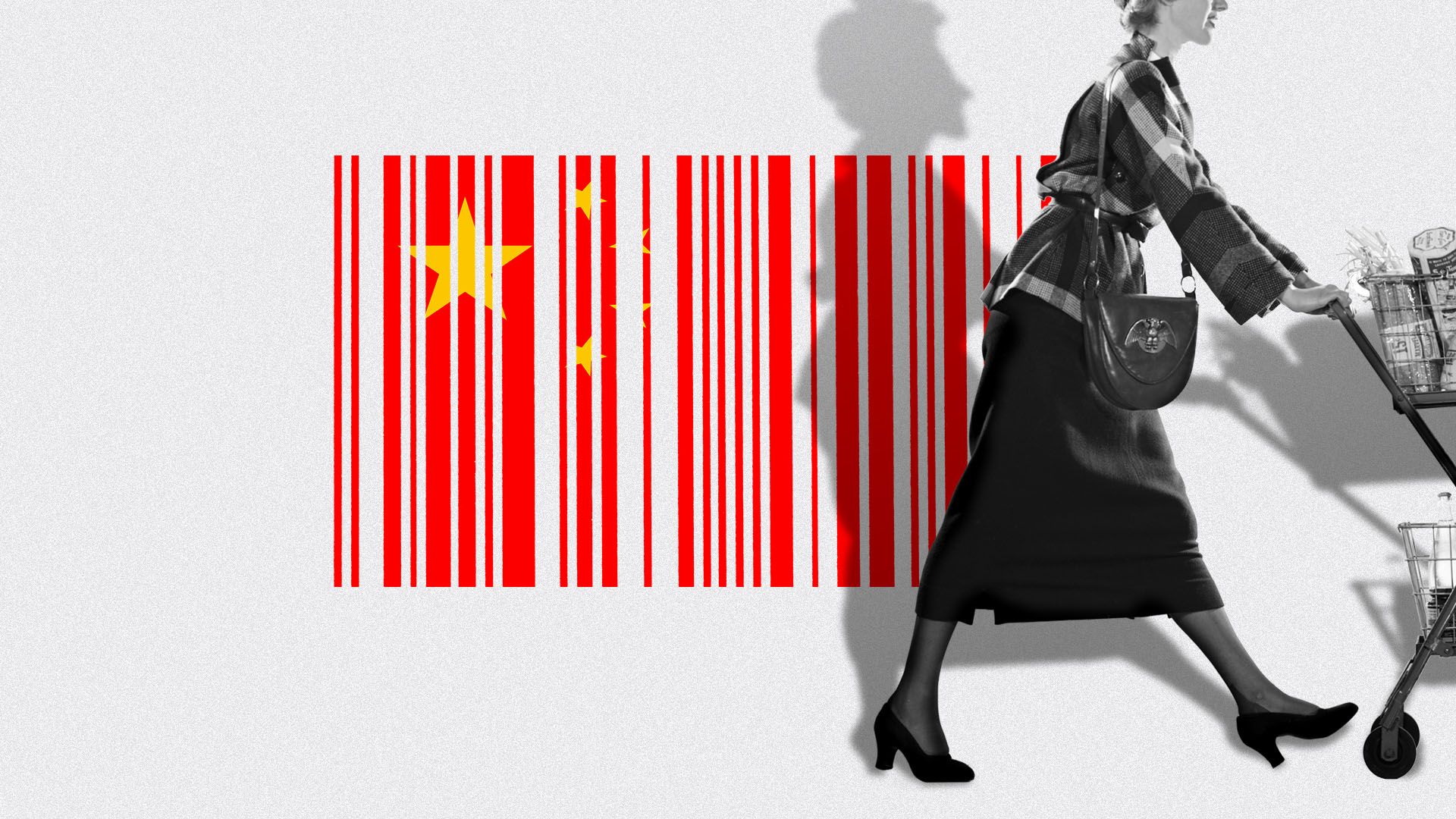 Illustration of a woman pushing a shopping cart passed a Chinese flag in the shape of a barcode