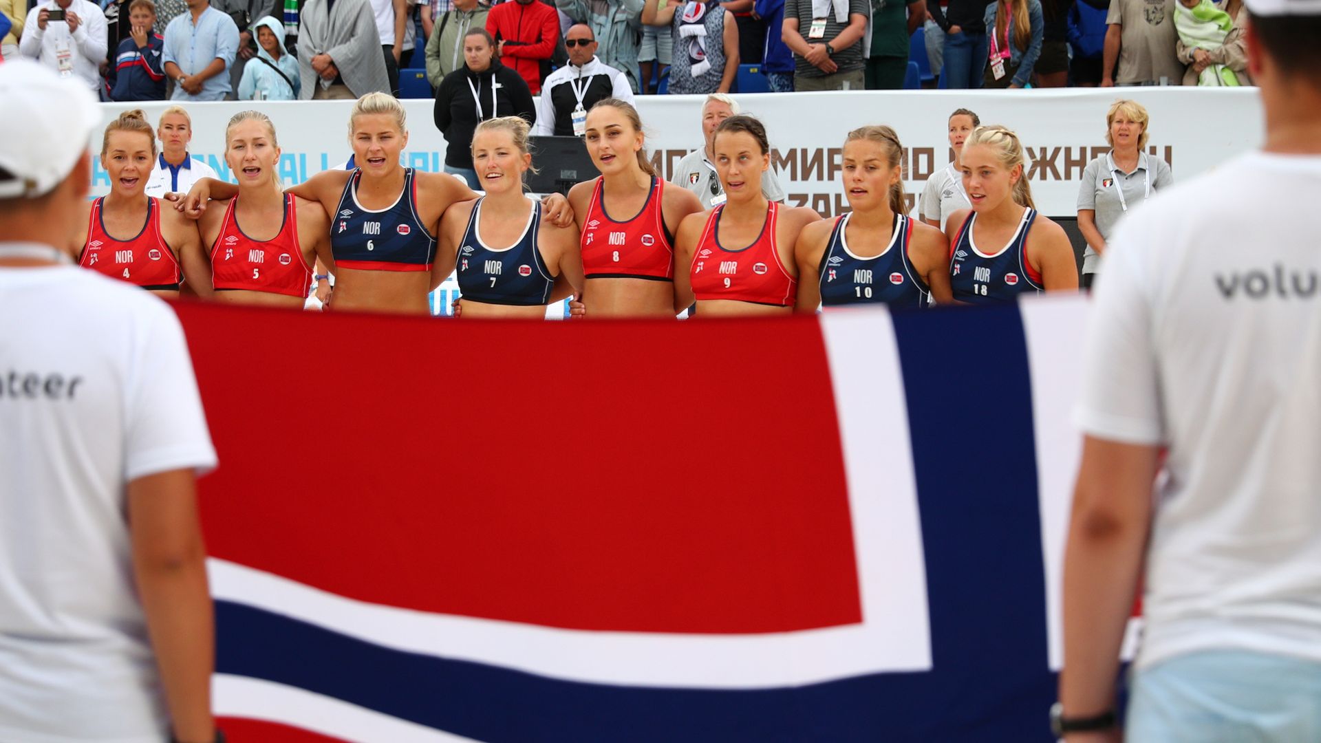 Norway team line up during 2018 Women's Beach Handball World Cup final against Greece on July 29, 2018