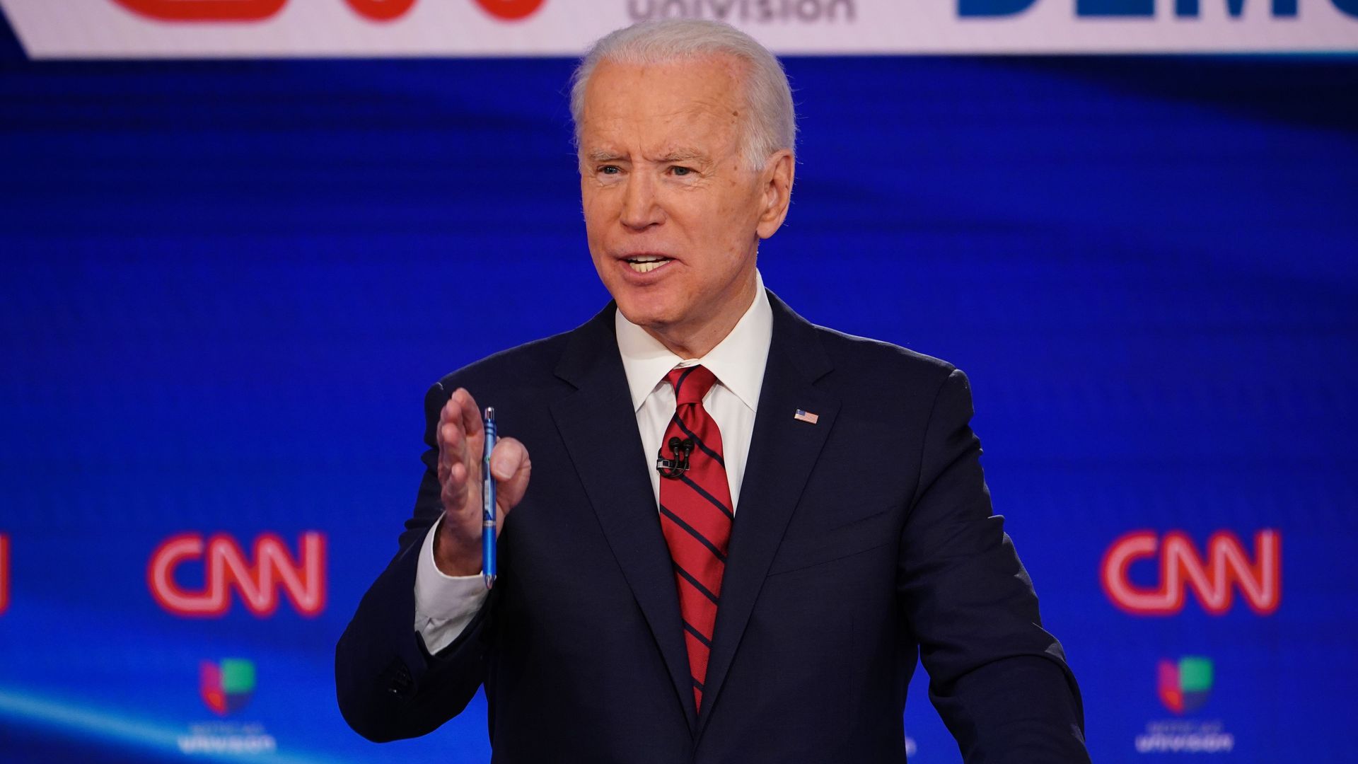 Democratic presidential hopeful former US vice president Joe Biden participates in the 11th Democratic Party 2020 presidential debate in a CNN Washington Bureau studio in Washington, DC on March 15